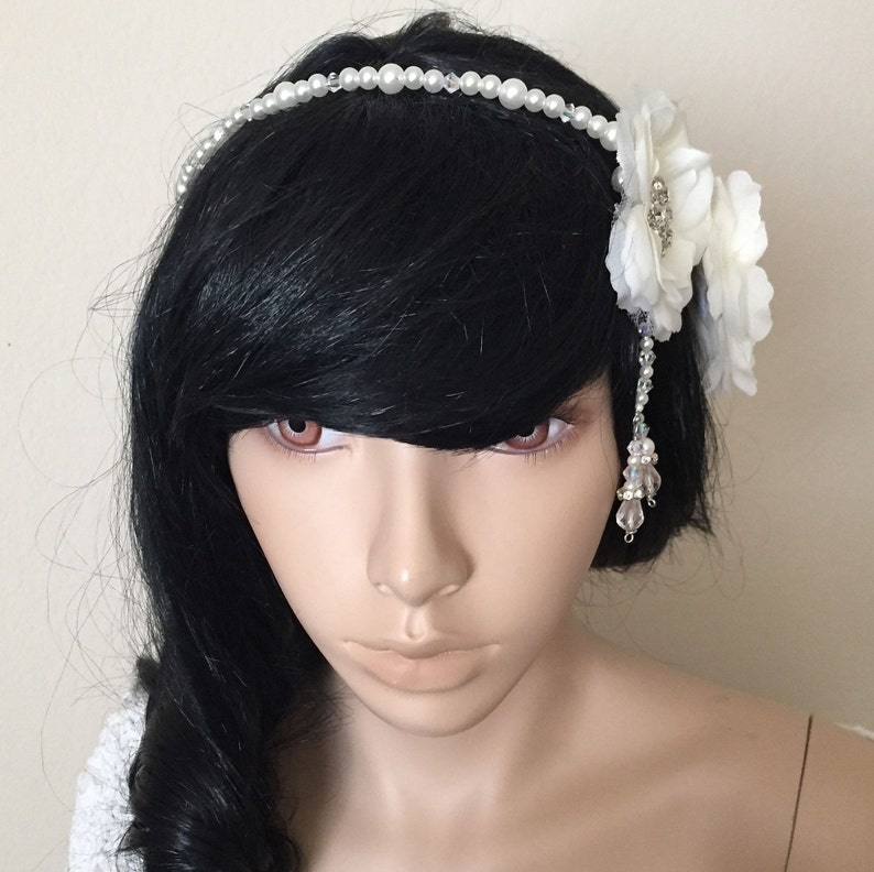 Pearl rhinestone flower crown Silk White Botanical Flower rhinestone crown Pearl rhinestone Bridal hair accessories
