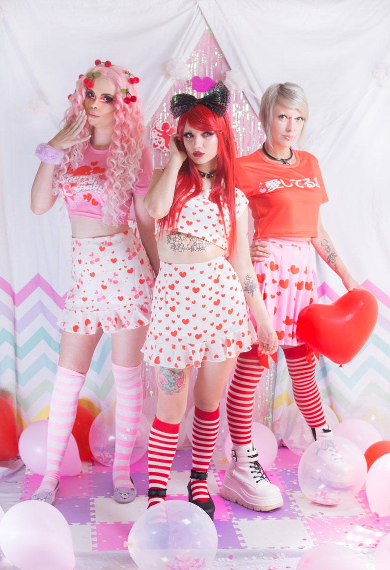 Jfashion casual lolita Chiffon Skirt Harajuku HEARTS fairy kei Heart pastel colorful Frill Valentines sweet kawaii