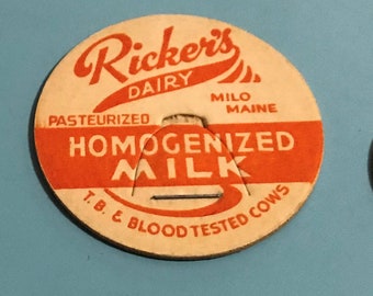 Vintage RICKER/'S DAIRY Cardboard MILK BOTTLE CAP Lid from MILO MAINE TB-TESTED