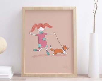 Girl With a Corgi Dog Children Wall Illustration Print in A4 Size, Children Illustration Print, Kids room art