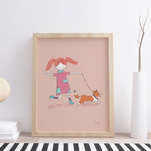 Girl With a Corgi Dog Children Wall Illustration Print in A4 Size, Children Illustration Print, Kids room art