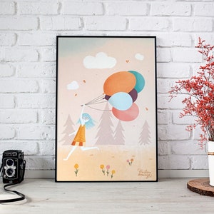 Running Girl With Balloons Happy Children Wall Illustration Print in A4 Size, Children Illustration Print, Kids Room Art