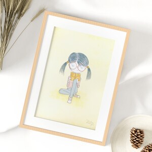 Niña leyendo un libro Niños Ilustración de pared Impresión en tamaño A4, Impresión de ilustración para niños, Arte de la sala de niños