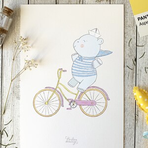 Happy Summer Hippo Children Wall Illustration Print in A4 Size, Children Illustration Print, Kids Room Art