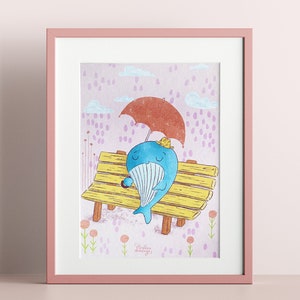 Happy Little Whale With an Umbrella Children Wall Illustration Print en tamaño A4, Impresión de ilustración para niños, Arte de la habitación para niños