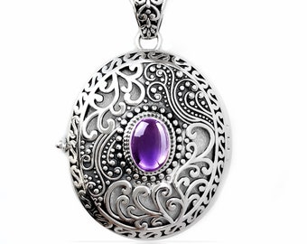 Amethyst Locket Anhänger: Sterling Silber Filigree, personalisierte Foto