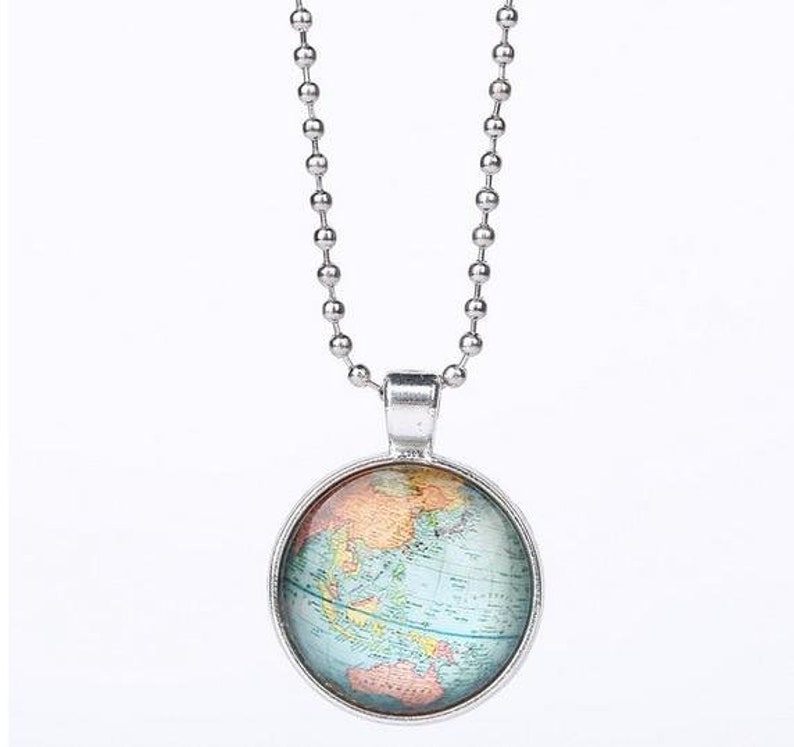 Unique Silver Color Globe Map Pendant Necklace With Beads Chain Simple Long Necklace For Women Fashion glass dome Jewelry Gift