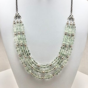 Prasiolite Bead Necklace: Green Amethyst Triple Strand with Pyrite, FREE Earrings