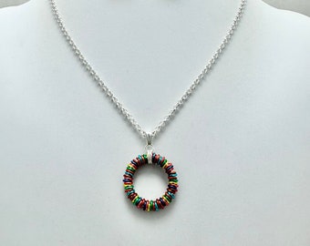 rainbow circle chain maille pendant necklace, rainbow pendant necklace, rainbow round pendant, rainbow chain maille pendant, rainbow jewelry