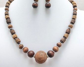 Brown Wood Bead Necklace: Tribal Style, Terra Cotta Clay Round Pendant, Silver Spacers