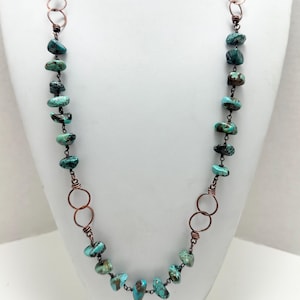 Long Turquoise Chip Necklace: Oxidized Copper Wire, Handmade