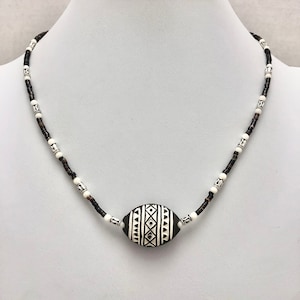 Shell Heishi Bead Necklace: Surfer Style Brown Choker, Ceramic Focal Bead