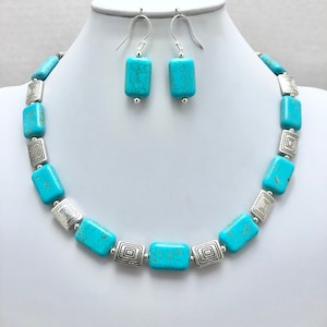 Turquoise Rectangle Bead Necklace: Howlite Necklace with Silver Accents and Free Earrings