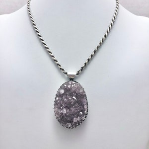 Raw Amethyst Druzy Pendant Necklace: Sterling Silver Rope Chain, February Birthstone