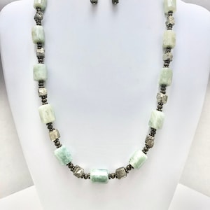 Long Moss Aquamarine Necklace: Beaded Pyrite & Antiqued Brass