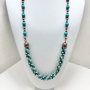 Long Turquoise Howlite Beaded Necklace: Kumihimo Copper Boho Jewelry