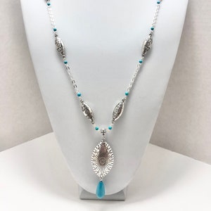 Long Turquoise Howlite Necklace: Silver Pewter Pendant, Southwestern Style