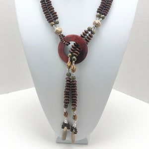 Wood Bead Lariat Necklace: Boho Statement Jewelry, Coconut Clasp
