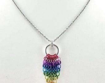 Rainbow Anodized Aluminum Chain Maille Pendant: Feather Design, 316L Surgical Stainless Steel Chain