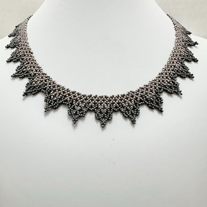Hand Woven Seed Bead Collar Necklace: Silver Gray Lace Beadwork