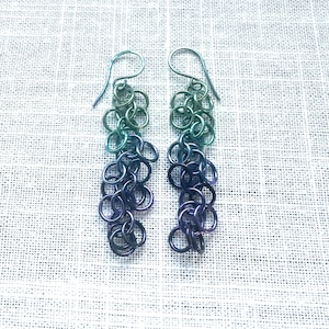 niobium chainmaille earrings niobium earring wires,  chainmaille earrings niobium long, niobium dangle earrings, chain maille earrings long