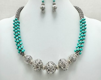Turquoise Howlite Beaded Kumihimo Necklace: Tibetan Silver Focal Beads, Free Earrings