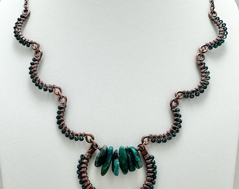 Turquoise & Copper Wire Wrapped Necklace: Handmade Oxidized Copper Statement Jewelry