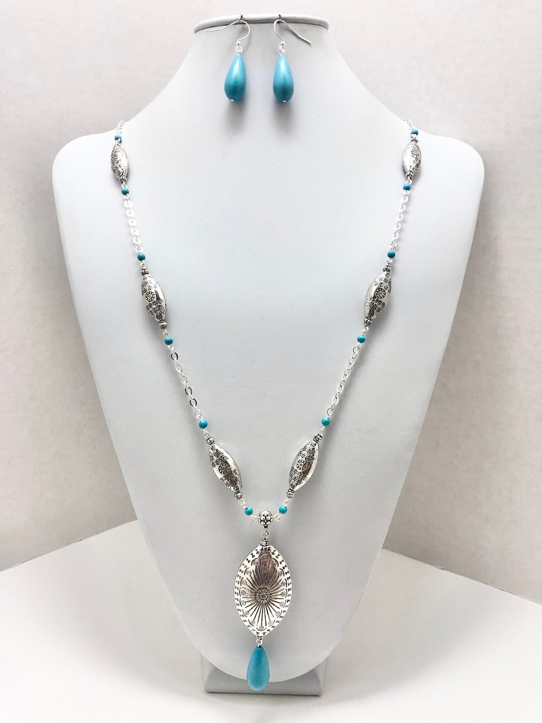 Inez Long Silver Pendant Necklace in African Turquoise main image 0