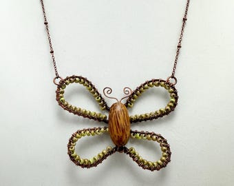 Wire Wrapped Copper Butterfly Pendant Necklace: Seed Beaded Whimsical Jewelry