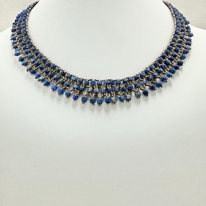 Hand Stitched Lapis Lazuli Necklace: Beaded Brass Seed Bead Collar