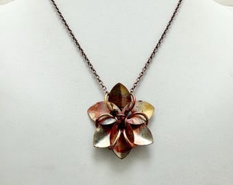 Heat Patinated Copper Flower Pendant Necklace: Iridescent Scalemaille Jewelry