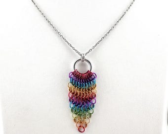 Rainbow Anodized Aluminum Chain Maille Pendant: Feather Design, 316L Surgical Stainless Steel Chain
