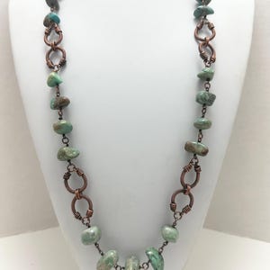 Long Genuine Turquoise Chip Necklace: Oxidized Copper Wire