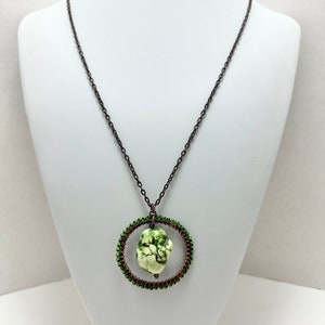 Long Boho Green Howlite Pendant Necklace: Hammered Copper Ring, Wire Wrapped Seed Bead Design