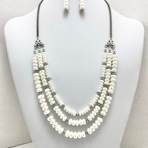 Triple Strand White Cultured Button Pearl Necklace: Victorian Style Statement Jewelry