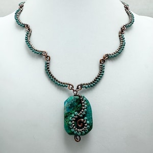 chrysocolla pendant necklace, chrysocolla necklace copper wire wrapped, raw chrysocolla necklace pendant, chrysocolla bead necklace copper