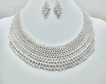 Silver Plated Chain Maille Mesh Bib Necklace: European Weave, Free Earrings, Statement Jewelry