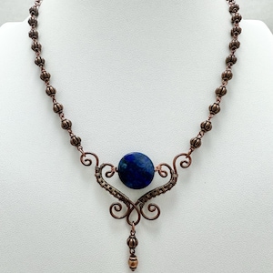 copper wire wrapped lapis lazuli pendant necklace, lapis lazuli necklace copper lapis wire wrapped pendant, lapis lazuli pendant copper wire