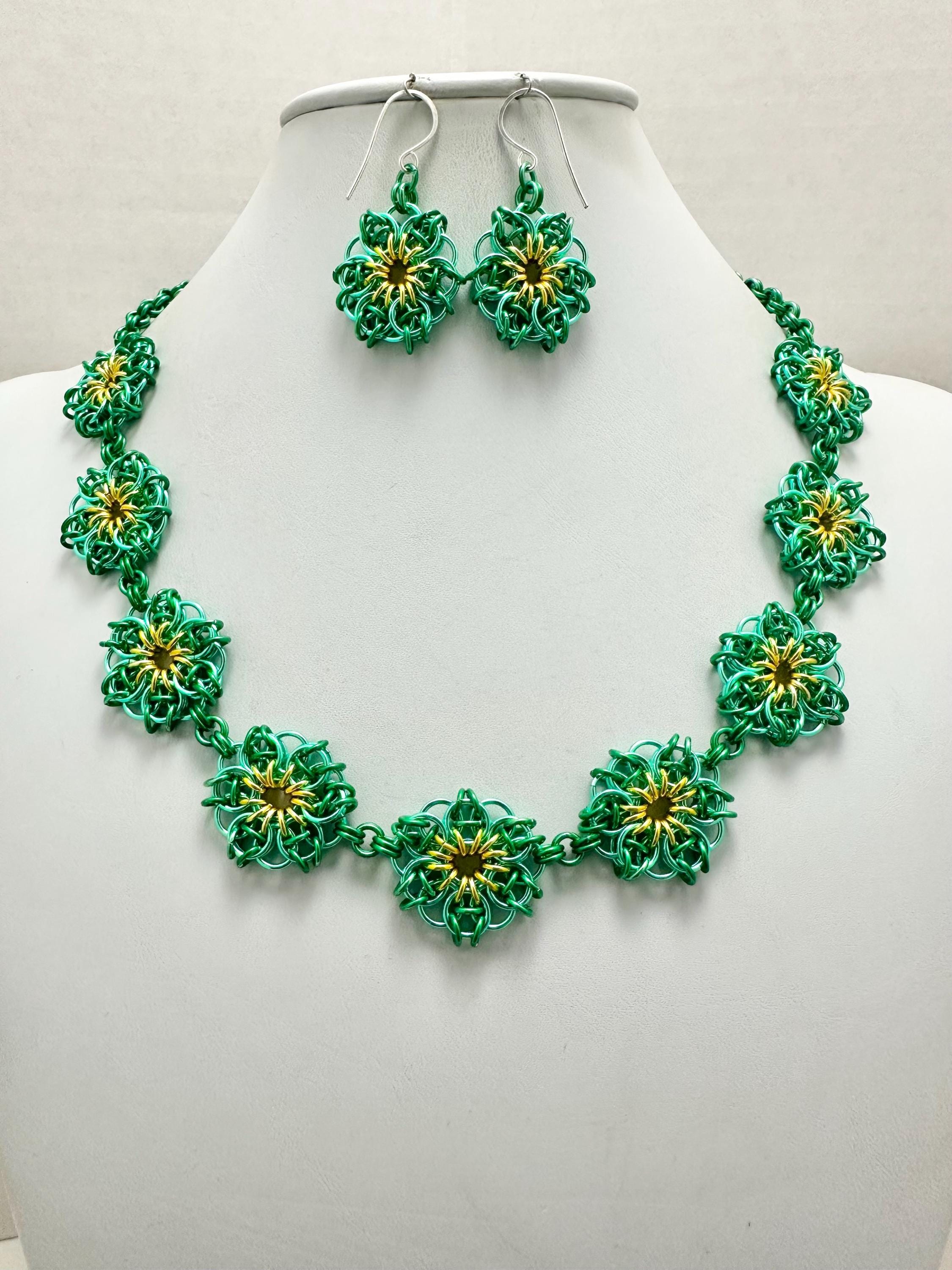 Green Enameled Copper Flower Chain Maille Necklace: Celtic Visions