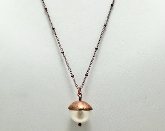 Pearl Acorn Pendant Necklace: Hammered Copper, Woodland Jewelry