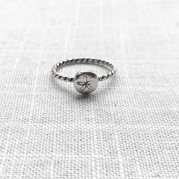 sterling silver sand dollar ring, silver sand dollar ring, sand dollar ring sterling silver, sand dollar stacking ring, small sand dollar