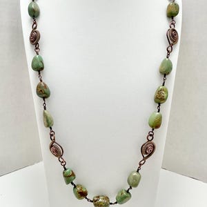 Long Green Turquoise Necklace: Handcrafted Copper Wire Wrapped Gemstone