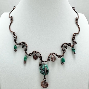 Turquoise and Copper Statement Necklace: Wire Wrapped Boho Pendant, Handmade Copper Chain