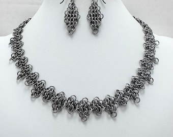 Gunmetal Chainmail Necklace: European 4-in-1 Weave, Free Earrings