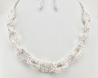 Silver Plated Byzantine Chain Maille Necklace: Hand Woven, Chunky Chain Necklace
