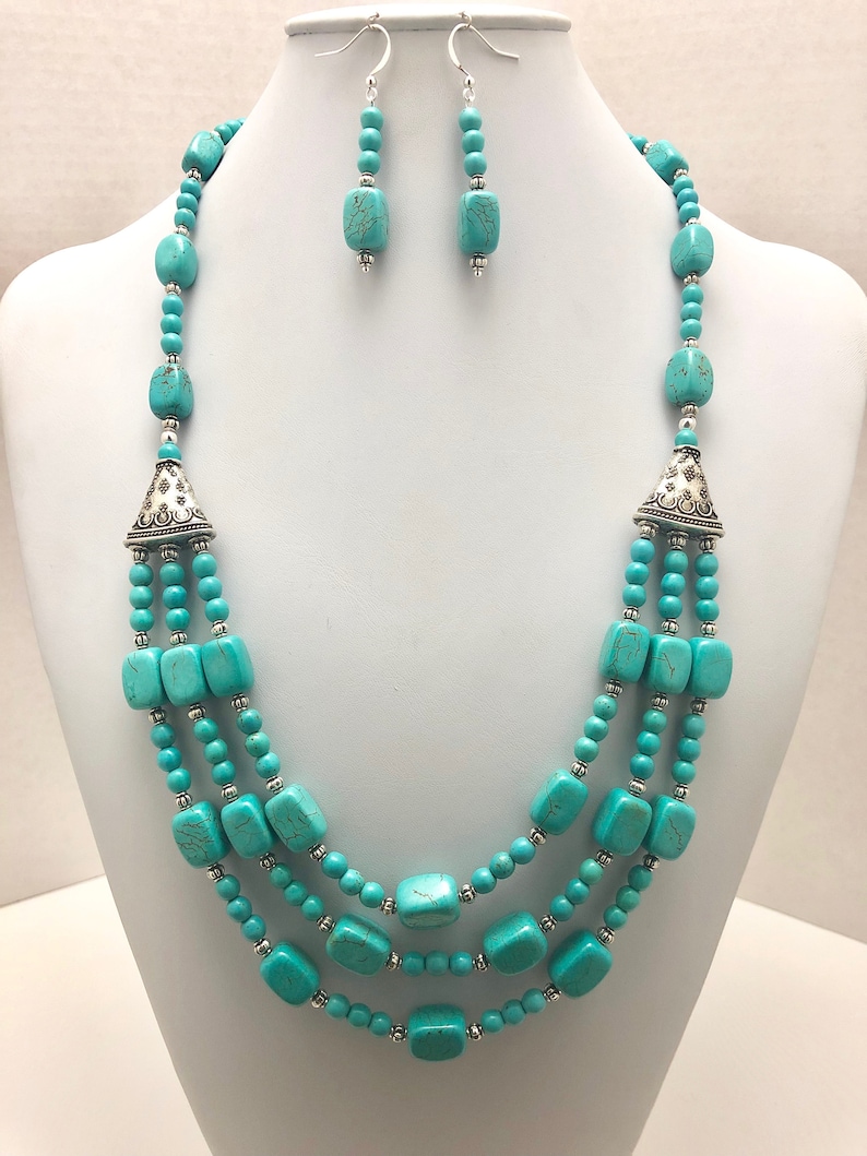 turquoise magnesite statement necklace southwestern inspired turquoise necklace triple strand turquoise magnesite necklace
