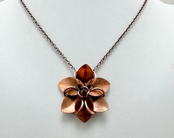 Oxidized Copper Lotus Flower Necklace: Hand-Linked Scalemaille Pendant