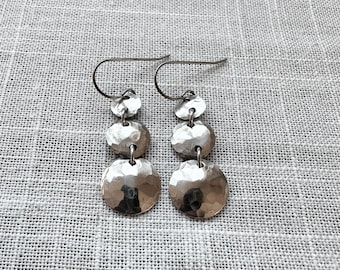Hammered Pewter Silver Disc Earrings: Titanium Hypoallergenic Hooks