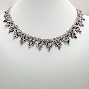 Hand Woven Silver Seed Bead Necklace: Lacy Beaded Collar