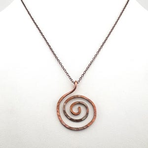 Hammered Flame Patinated Copper Spiral Necklace: Boho Style, Iridescent Minimalist Pendant